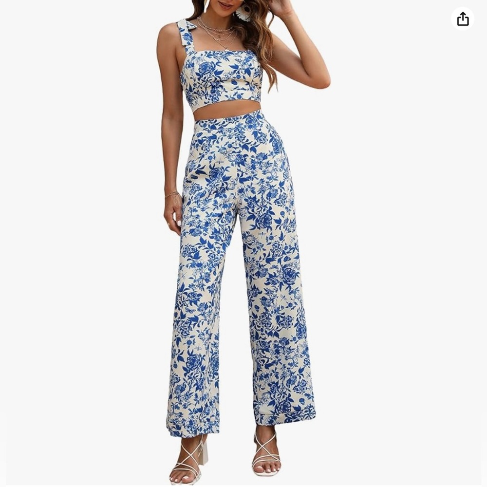 Blue & White Floral Knot Shoulder Zip Back Crop top and Maxi Pants Two-Piece Set